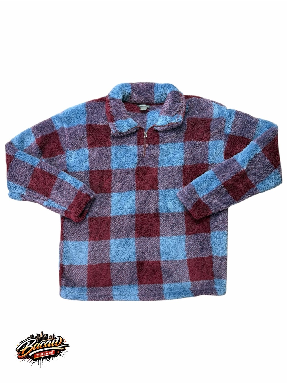 Eddie Bauer Women’s L Blue Plaid Plush Fleece 1/4 Zip Mock Neck Sweatshirt